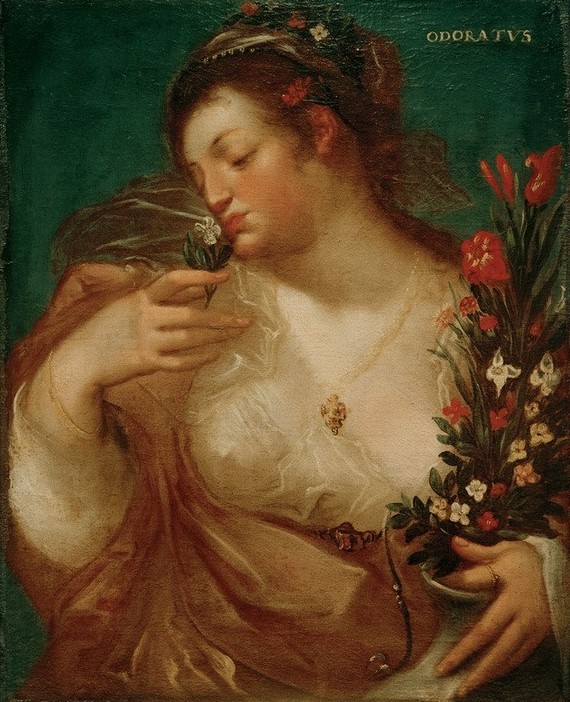 Geldorp Gortzius, Odoratus (Flämische Kunst,Frau,Physiologie,Allegorie,Manierismus,Fünf Sinne,Riechen,Geruch,Transparenz,Blume,Junge Frau,Halbfigur,Gewand)
