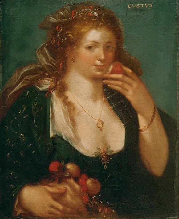 Geldorp Gortzius, Gustus (Flämische Kunst,Frau,Obst,Physiologie,Allegorie,Manierismus,Fünf Sinne,Geschmackssinn,Junge Frau,Halbfigur)