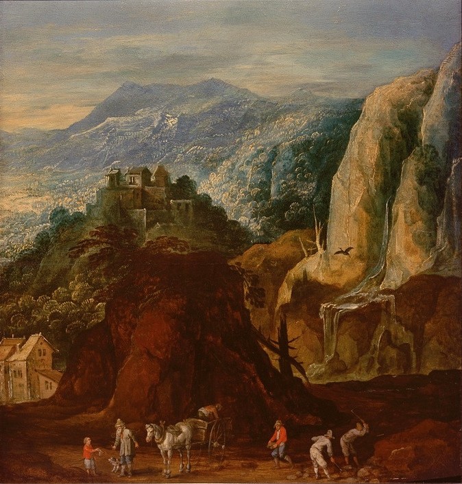 JOOS DE MOMPER, Felsige Landschaft mit Staffage (Burg (Bauwerk),Gebirge,Kunst,Landschaft,Pferd (Tier),Pferdewagen,Steinbruch,Barock,Architekturdarstellung,Felsen,Niederländische Kunst)