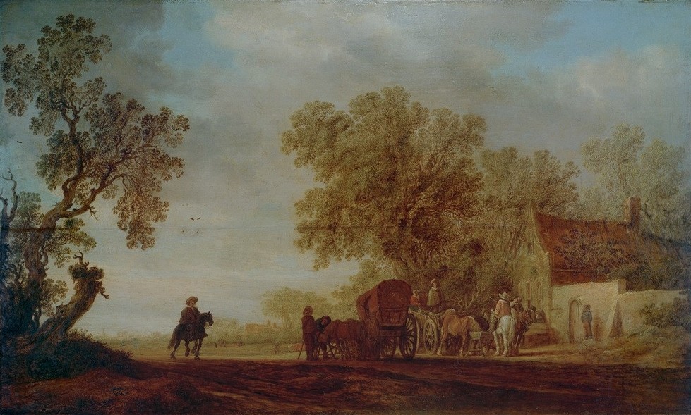 Salomon van Ruysdael, Landstraße mit Wirtshaus und Reisenden (Reisender,Gasthaus,Gastronomie,Kunst,Landstrasse,Landschaft,Pferd (Tier),Pferdewagen,Rast,Strassenszene,Verkehr,Reiter,Barock,Planwagen,Reise,Tränke,Niederländische Kunst,Reisende)