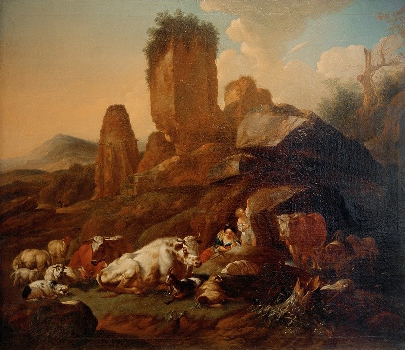 Johann Heinrich Roos, Ruhende Hirtin und Vieh (Deutsche Kunst,Gebirge,Kunst,Landschaft,Rast,Rind,Ziege,See,Barock,Schaf,Felsen,Landleben,Ausruhen,Frauenleben,Landbevölkerung,Vieh,Hirtin,Landwirtschaft,Viehzucht)