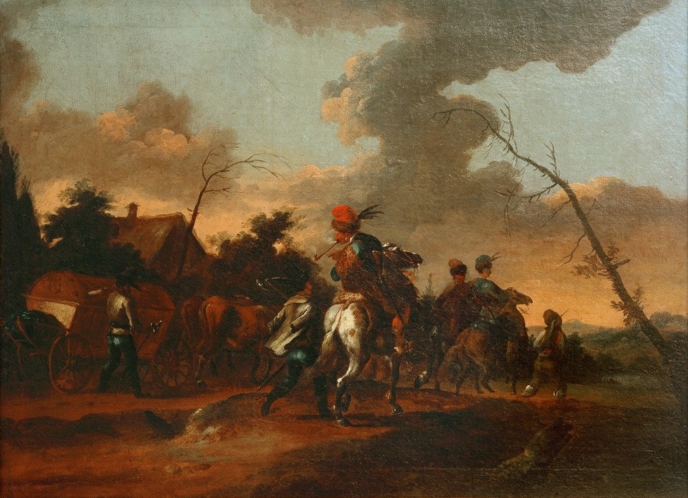 Anonym, Landschaft mit einem Zug von Kavalleristen (Deutsche Kunst,Geschichte,Himmel (Natur),Kavallerie,Krieg,Kunst,Landstrasse,Landschaft,Militär,Pferd (Tier),Soldat,Wagen,Wolke,Reiter,Barock,Proviant)
