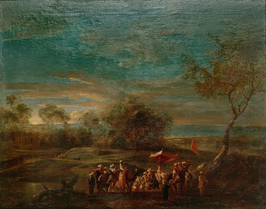 Christoph Ludwig Agricola, Morgenlandschaft mit orientalischem Brautzug (Deutsche Kunst,Himmel (Natur),Hochzeit,Kunst,Landschaft,Liebe Und Ehe,Völkerkunde,Tageszeiten,Morgen,Barock,Orientalismus,Sonnenaufgang,Baldachin,Exotik,Hochzeitszug,Land Und Leute)