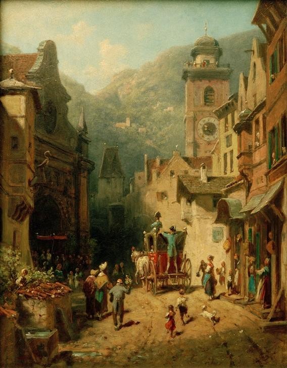 Carl Spitzweg, Der Besuch des Landesvaters (Besuch,Deutsche Kunst,Fürst,Geschichte,Inspektion,Kutsche,Pferdewagen,Strassenszene,Szene,Verkehr,Volkskunde,Biedermeier,Begrüssung,Kleinstadt,Staatsbesuch,Reise,Architekturdarstellung,Monarchie,Untertan,Rückständigkeit,Lakai,Obrigkeit,Strasse (Unbefestig)