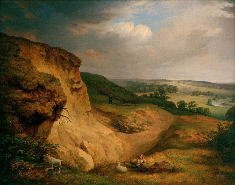 Johann Heinrich Beck, Der Muldenstein bei Jeßnitz (Deutsche Kunst,Kunst,Landschaft,Ziege,Schaf,Felsen,Panorama,Romantik,Vieh,Hirtin)