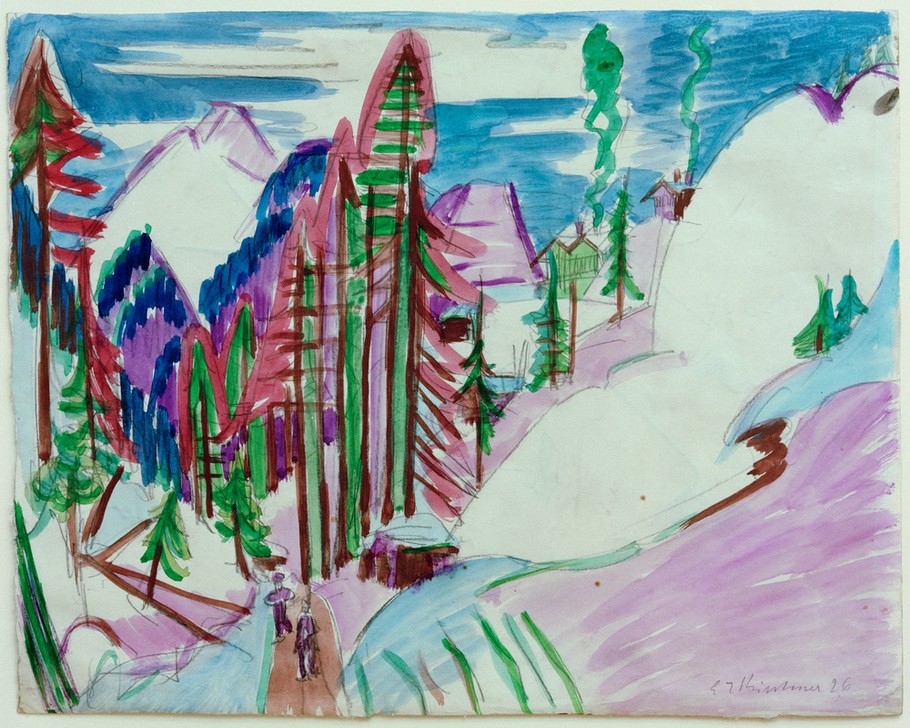 Ernst Ludwig Kirchner, Sertigweg (Deutsche Kunst,Gebirge,Jahreszeiten,Kunst,Landschaft,Spaziergang,Winter,Wald,Schnee,Expressionismus,Tal,Die Brücke)