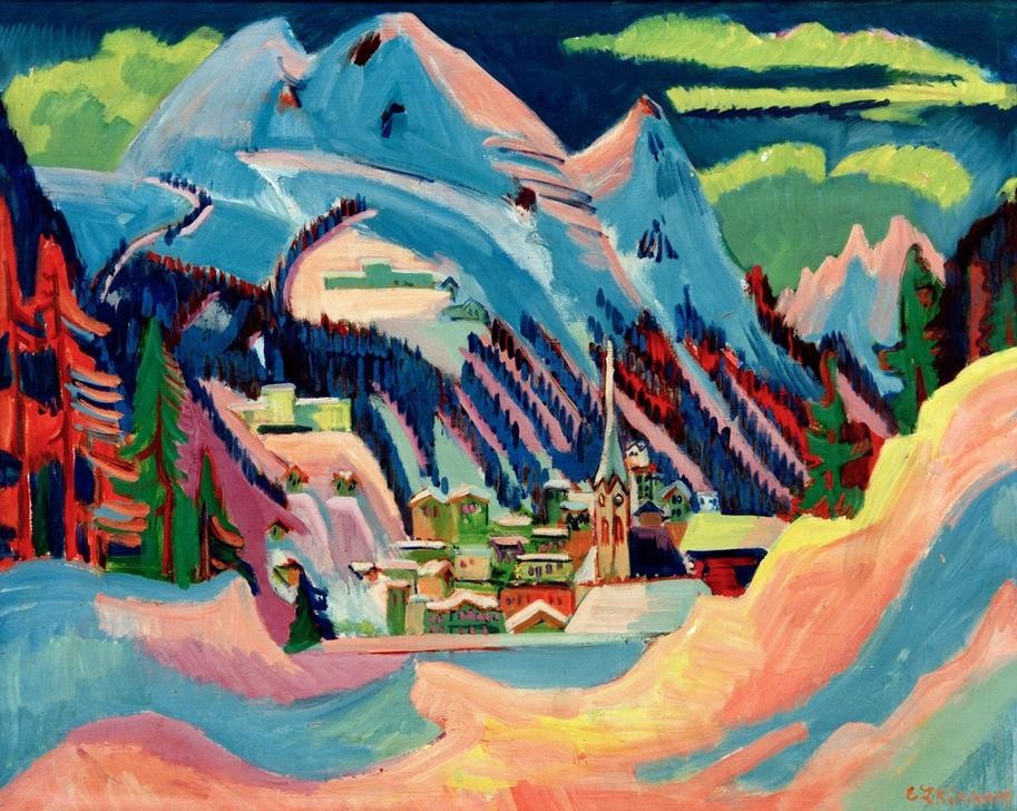 Ernst Ludwig Kirchner, Davos im Winter (Deutsche Kunst,Gebirge,Geographie,Jahreszeiten,Kunst,Landschaft,Winter,Schnee,Expressionismus,Stadtansicht,Die Brücke,Ansicht,Topographie)