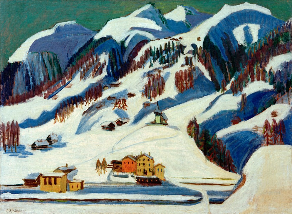 Ernst Ludwig Kirchner, Berge und Häuser im Schnee (Deutsche Kunst,Gebirge,Haus,Kunst,Landschaft,Winter,Schnee,Expressionismus,Die Brücke)