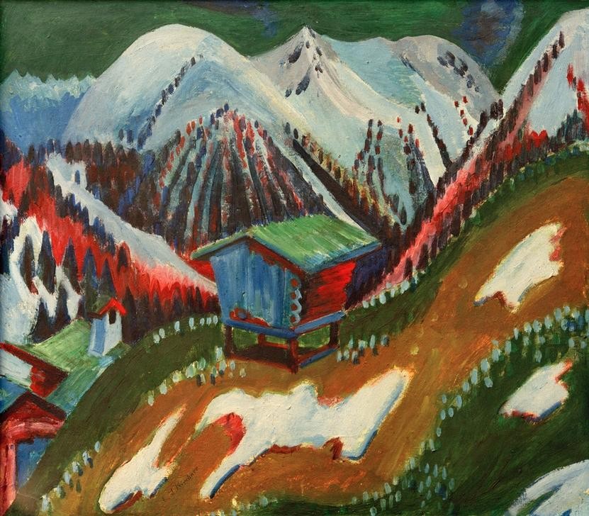 Ernst Ludwig Kirchner, Schneeschmelze. Berglandschaft mit Alphütte (Deutsche Kunst,Gebirge,Jahreszeiten,Kunst,Landschaft,Winter,Hütte,Frühling,Expressionismus,Die Brücke,Schneeschmelze,Berghütte)