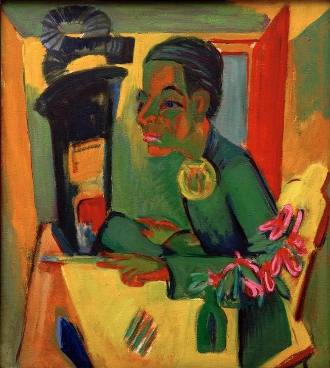 Ernst Ludwig Kirchner, Der Maler (Bildhauer,Deutsche Kunst,Grafiker,Künstler,Kunst,Maler (Künstler),Mann,Selbstbildnis,Künstler Bei Der Arbeit,Portrait,Expressionismus,Ofen (Heizung),Die Brücke,Brennofen,Blume,Sitzen,Malen,Halbfigur,Person,Dreiviertelprofil)