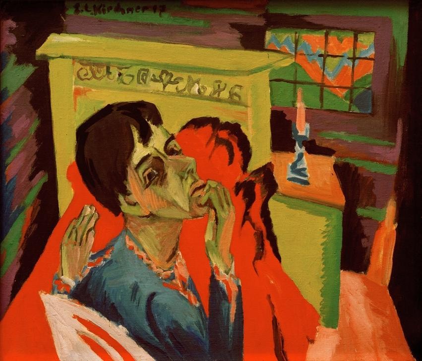 Ernst Ludwig Kirchner, Selbstporträt als Kranker (Bett,Deutsche Kunst,Krankheit,Künstlerleben,Künstler,Kunst,Maler (Künstler),Mann,Schlafzimmer,Selbstbildnis,Portrait,Expressionismus,Die Brücke,Kranker,Blick Über Die Schulter,Person)