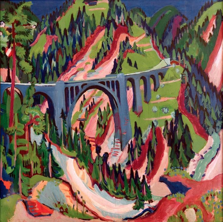 Ernst Ludwig Kirchner, Die Brücke bei Wiesen (Brücke,Deutsche Kunst,Gebirge,Kunst,Landschaft,Expressionismus,Tal,Die Brücke)