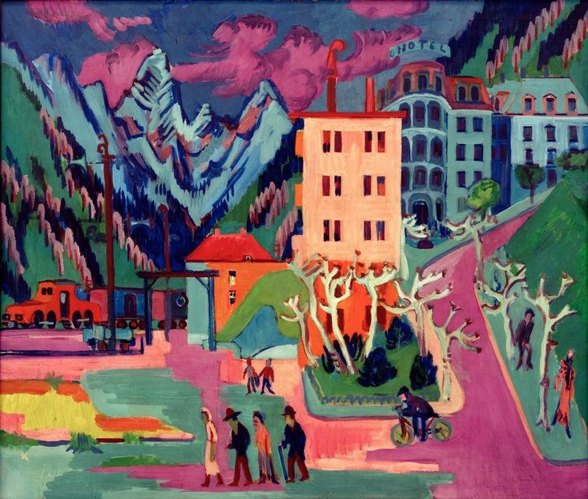 Ernst Ludwig Kirchner, Bahnhof Davos (Bahnhof,Deutsche Kunst,Eisenbahn,Geographie,Hotel (Allgemein),Kunst,Expressionismus,Die Brücke,Ansicht,Stadtlandschaft,Topographie,Luftkurort)