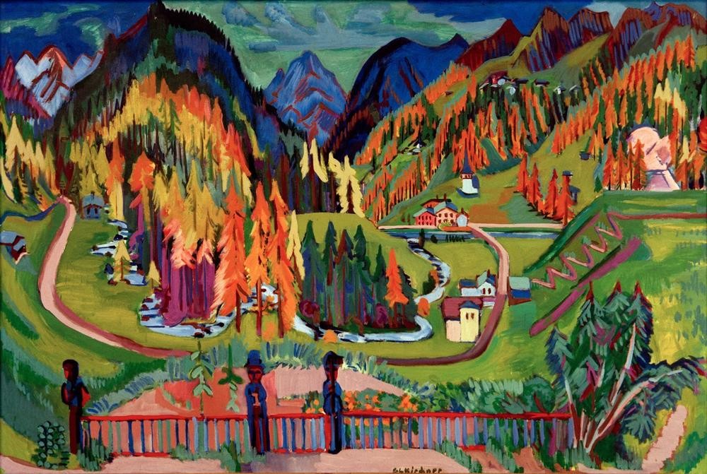 Ernst Ludwig Kirchner, Sertigtal im Herbst (Deutsche Kunst,Gebirge,Herbst,Jahreszeiten,Kunst,Landschaft,Expressionismus,Tal,Gartenzaun,Die Brücke,Skulptur Im Bild)