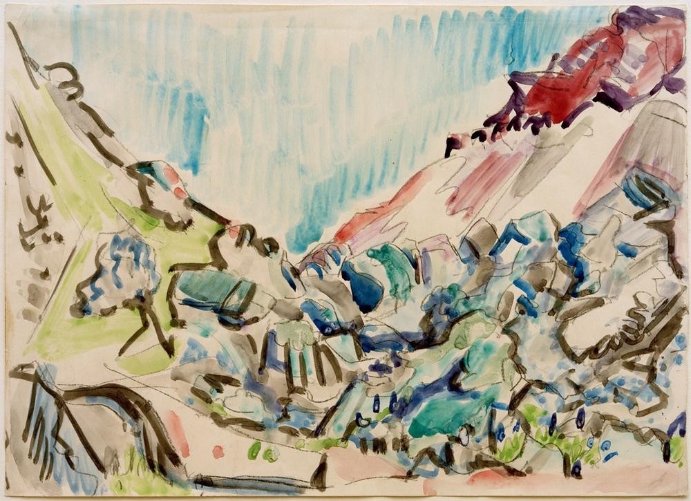 Ernst Ludwig Kirchner, Taleinschnitt bei Davos (Deutsche Kunst,Gebirge,Kunst,Landschaft,Expressionismus,Tal,Die Brücke)