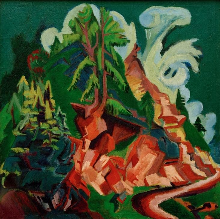 Ernst Ludwig Kirchner, Der Berg. Der Weg zu Stafel (Deutsche Kunst,Gebirge,Kunst,Landschaft,Expressionismus,Die Brücke,Berg,Privatsammlung)