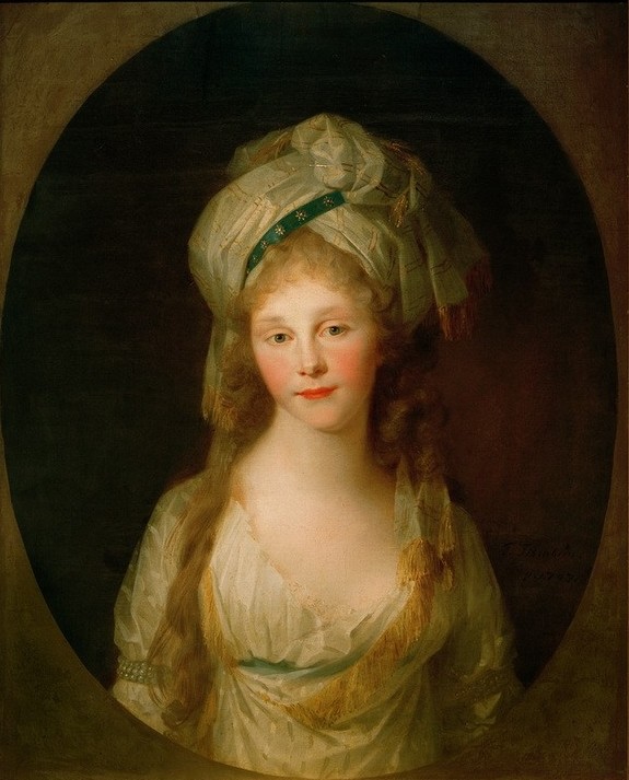 Johann Friedrich August Tischbein, Friederike Prinzessin von Preußen (Deutsche Kunst,Frau,Geschichte,Jugend (Lebensalter),Kopfbedeckung,Kunst,Klassizismus,Turban,Portrait,Prinzessin,Junge Frau,Locke,Halbfigur,Oval,Person)