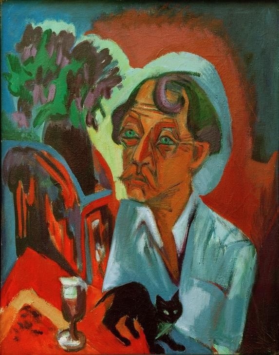 Ernst Ludwig Kirchner, Der Maler Stirner mit Katze (Deutsche Kunst,Katze (Tier),Dichter,Künstler,Kunst,Literatur,Maler (Künstler),Mann,Portrait,Expressionismus,Die Brücke,Haustier,Privatsammlung,Mehrfachbegabung,Person,Mensch Und Tier)