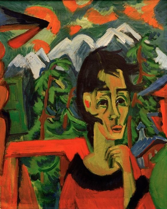 Ernst Ludwig Kirchner, Mädchen im Föhn (Deutsche Kunst,Frau,Gebirge,Kunst,Landschaft,Mensch,Meteorologie,Portrait,Expressionismus,Wind,Die Brücke,Im Freien (Allgemein),Privatsammlung,Brustbild)