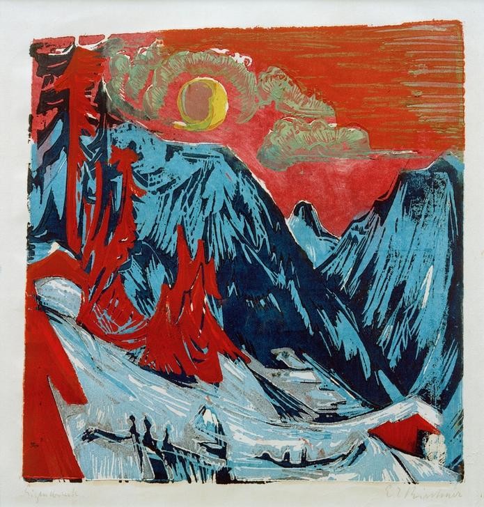 Ernst Ludwig Kirchner, Wintermondnacht (Deutsche Kunst,Gebirge,Jahreszeiten,Kunst,Landschaft,Mond,Winter,Nacht,Schnee,Expressionismus,Die Brücke,Vollmond,Kälte,Mondschein,Berg,Rot)