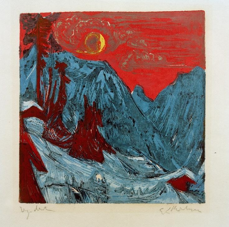 Ernst Ludwig Kirchner, Wintermondnacht (Deutsche Kunst,Gebirge,Jahreszeiten,Kunst,Landschaft,Mond,Winter,Nacht,Schnee,Expressionismus,Die Brücke,Vollmond)