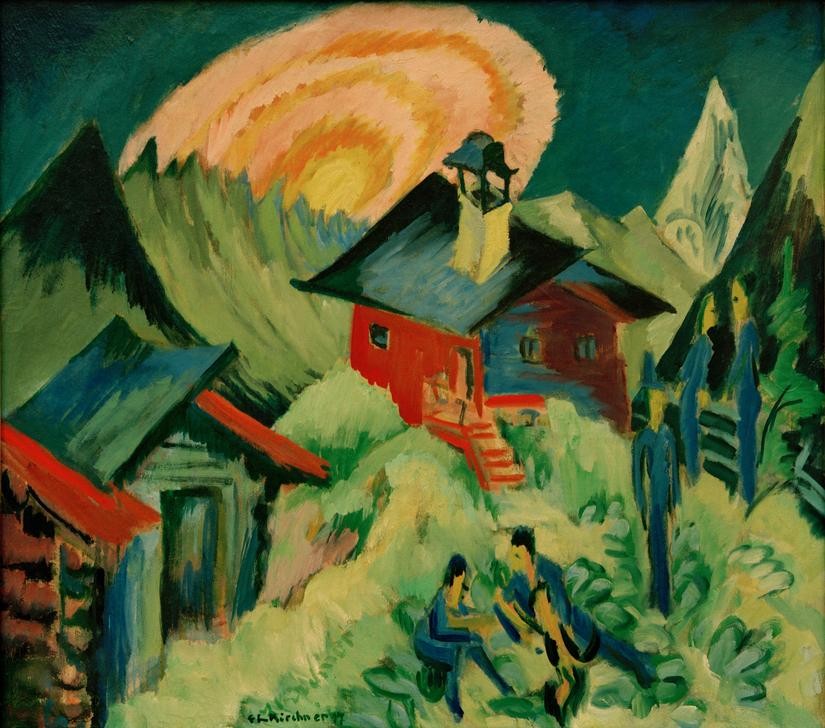 Ernst Ludwig Kirchner, Mondaufgang auf der Stafelalp (Deutsche Kunst,Gebirge,Haus,Kunst,Landschaft,Mond,Hütte,Expressionismus,Die Brücke,Alm,Privatsammlung,Mondaufgang)