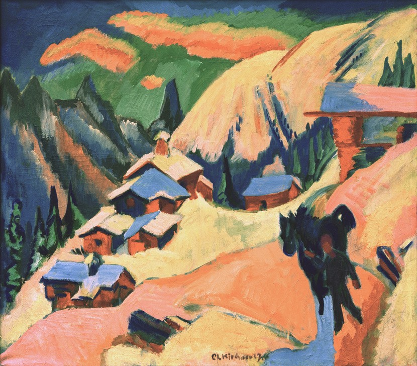 Ernst Ludwig Kirchner, Stafelalp im Schnee (Deutsche Kunst,Dorf,Gebirge,Jahreszeiten,Kunst,Landschaft,Pferd (Tier),Winter,Hütte,Schnee,Expressionismus,Die Brücke,Alm)