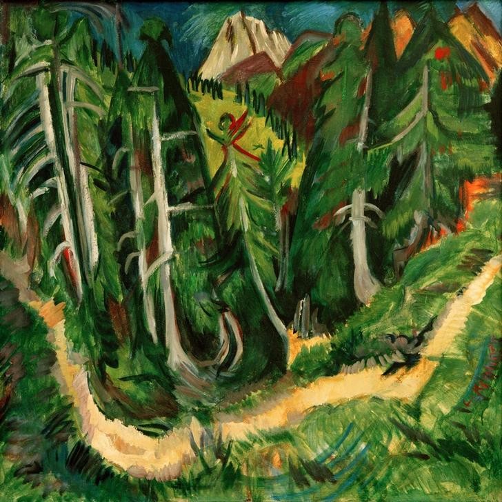 Ernst Ludwig Kirchner, Waldschlucht Stafel (Deutsche Kunst,Gebirge,Kunst,Landschaft,Wald,Nadelwald,Expressionismus,Die Brücke,Waldweg)