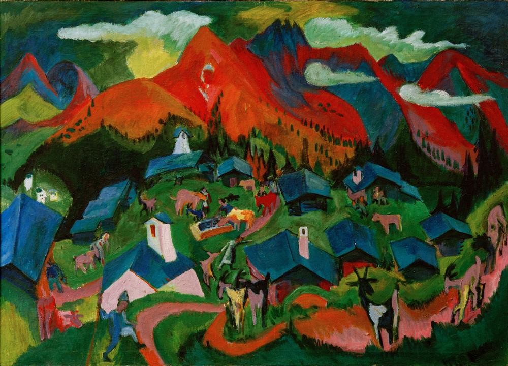 Ernst Ludwig Kirchner, Rückkehr der Tiere, Stafelalp (Deutsche Kunst,Dorf,Gebirge,Kunst,Landschaft,Rind,Expressionismus,Viehtrieb,Die Brücke,Viehzucht)