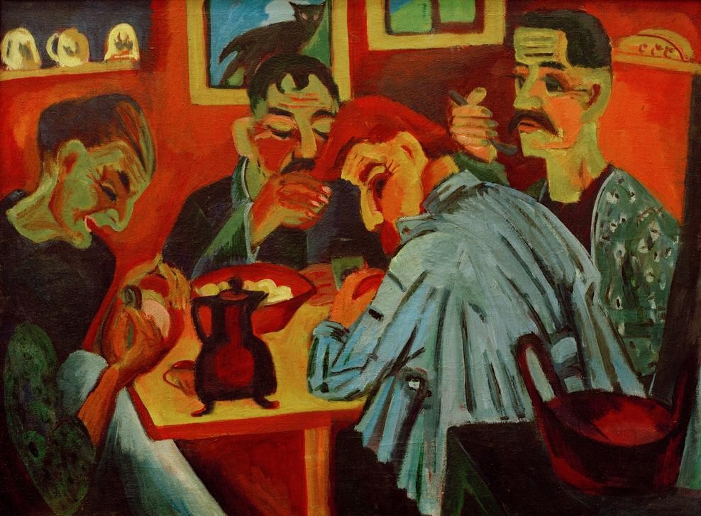 Ernst Ludwig Kirchner, Bauernmittag (Entartete Kunst,Bauer (Landwirt),Deutsche Kunst,Essen Und Trinken,Familie,Gruppenbild,Kanne,Kunstausstellung,Kunst,Nationalsozialismus,Pause,Tafelsitten,Volkskunde,Tageszeiten,Mittag,Expressionismus,Mittagessen,Bäuerin,Die Brücke,Landleben,Bergbauer,Mitta)