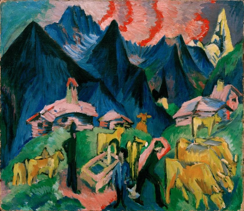 Ernst Ludwig Kirchner, Alpleben (Deutsche Kunst,Gebirge,Kunst,Landschaft,Rinderzucht,Rind,Brunnen,Expressionismus,Die Brücke,Bergbauer,Privatsammlung,Viehzucht)