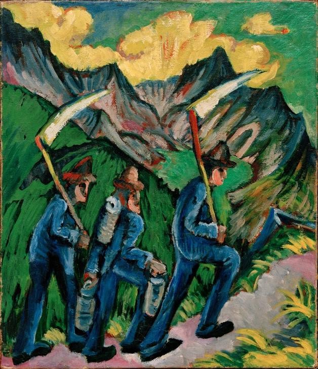 Ernst Ludwig Kirchner, Alpleben (Bauer (Landwirt),Deutsche Kunst,Gebirge,Kunst,Volkskunde,Sense,Expressionismus,Die Brücke,Landleben,Bergbauer,Landbevölkerung,Privatsammlung,Landwirtschaft)