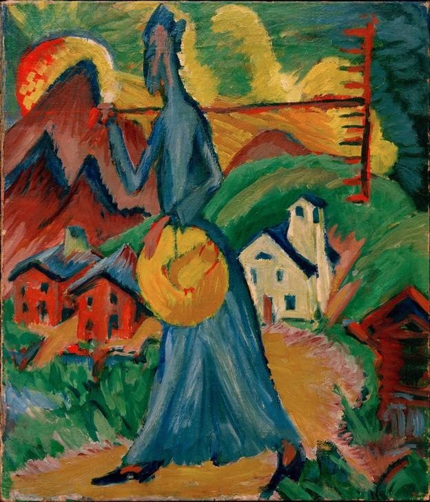 Ernst Ludwig Kirchner, Alpleben (Deutsche Kunst,Gebirge,Kunst,Volkskunde,Expressionismus,Strohhut,Bäuerin,Die Brücke,Landleben,Rechen,Landbevölkerung,Privatsammlung,Landwirtschaft)