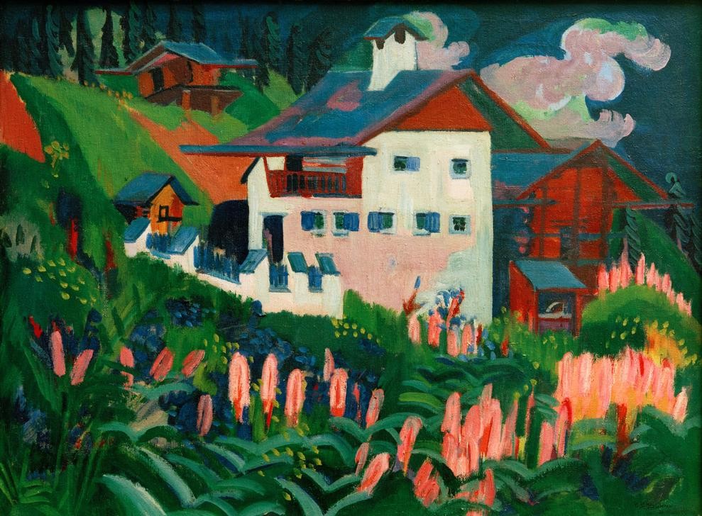 Ernst Ludwig Kirchner, Unser Haus. Unser Haus in den Wiesen (Deutsche Kunst,Haus,Kunst,Wohnhaus (Allgemein),Wohnhaus Von Berühmten,Expressionismus,Künstlerhaus (Wohnhaus),Architekturdarstellung,Die Brücke,Aussenansicht,Privatsammlung,Person)