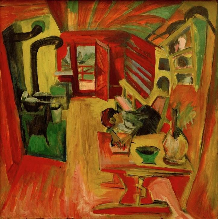 Ernst Ludwig Kirchner, Alpküche (Bauernhaus,Deutsche Kunst,Herd,Küche,Künstlerleben,Kunst,Mann,Wohnhaus (Allgemein),Selbstbildnis,Expressionismus,Interieur,Einsamkeit,Die Brücke,Wohnküche,Innenansicht,Person,Männerleben,Alleinstehender)