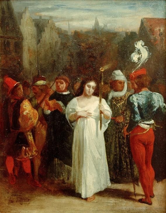 Eugene Delacroix, La pénitance de Jane Shore (Frau,Kunst,Literatur,Pranger,Strafe,Szene,Kerze (Licht),Französische Kunst,Schauspiel,Barfuss,Frauenleben,Romantik,Maitresse,Privatsammlung,Sünderin,Aussenseiterin,Ächtung)