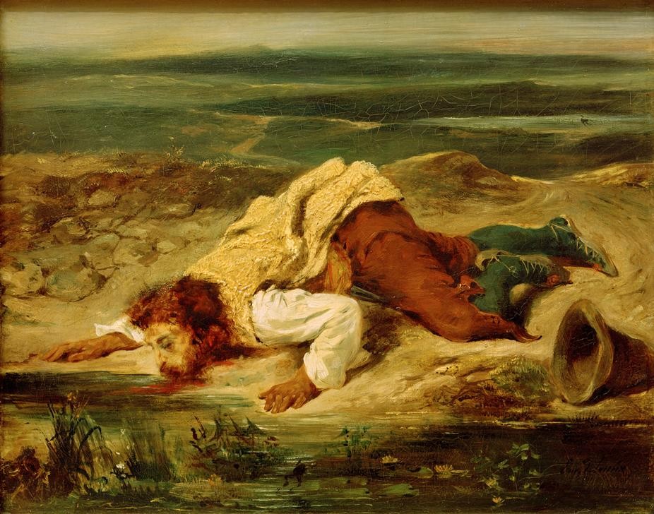 Eugene Delacroix, Brigand blessé se trainant près d’un ruisseau (Kunst,Mann,Räuber,Recht,Trinken,Durst,Französische Kunst,Romantik,Kriechen,Männerleben,Verwundung)