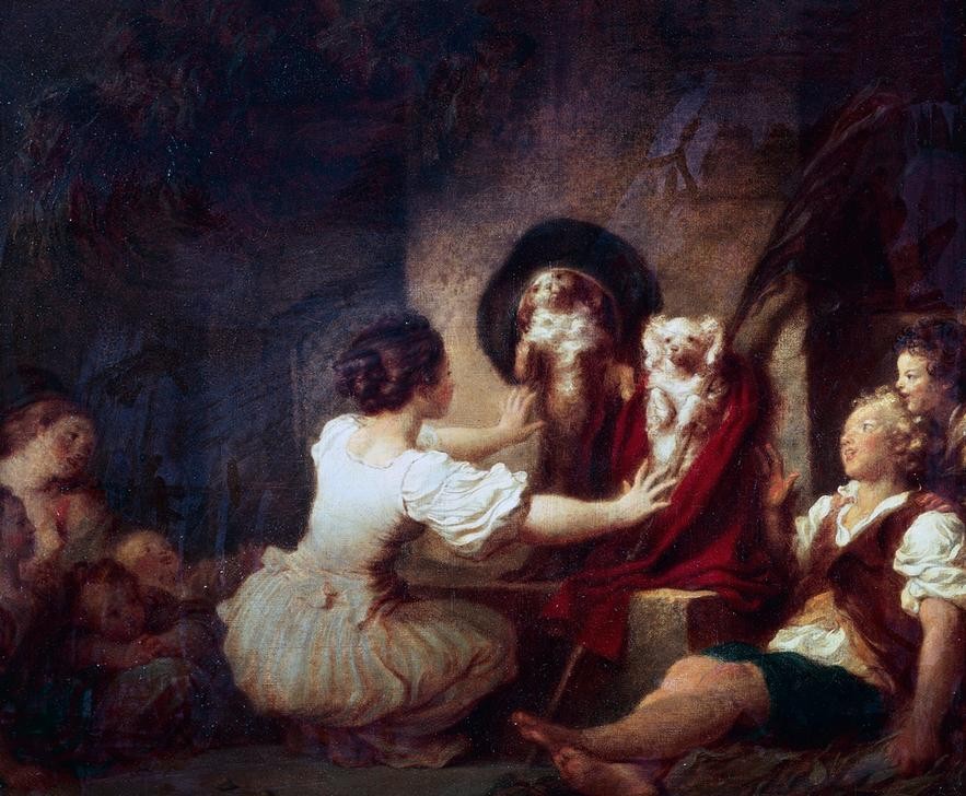 Jean-Honoré Fragonard, Education is all, 1780 (junge Frau, Kindder, Erziehung, Hunde, abrichten, Theater, Treppenhaus, Wohnzimmer, Rokoko, Klassiker, Wunschgröße, Malerei, bunt)