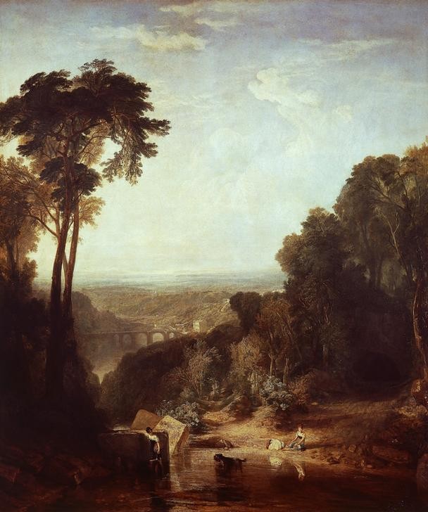 JOSEPH MALLORD WILLIAM TURNER, Crossing the brook (Brücke,Freundschaft (Allgemein),Himmel (Natur),Kunst,Wasser,Wolke,Stein,Hund,Fluss,Baum,Tag,Idylle,Strauch,Gehen)