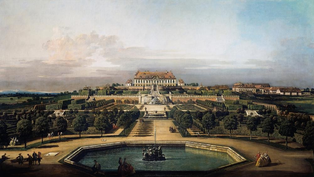 Bernardo Bellotto, The imperial castle Schloss Hof, garden side, Vienna (Schloss, Schloss Hof, Schlossgarten, Symetrie, Gartenarchitektur, Marchfeldschloss, Wien, Architektur, Gebäude,   historisch, Malerei, Wohnzimmer, Wunschgröße, Klassiker, bunt)