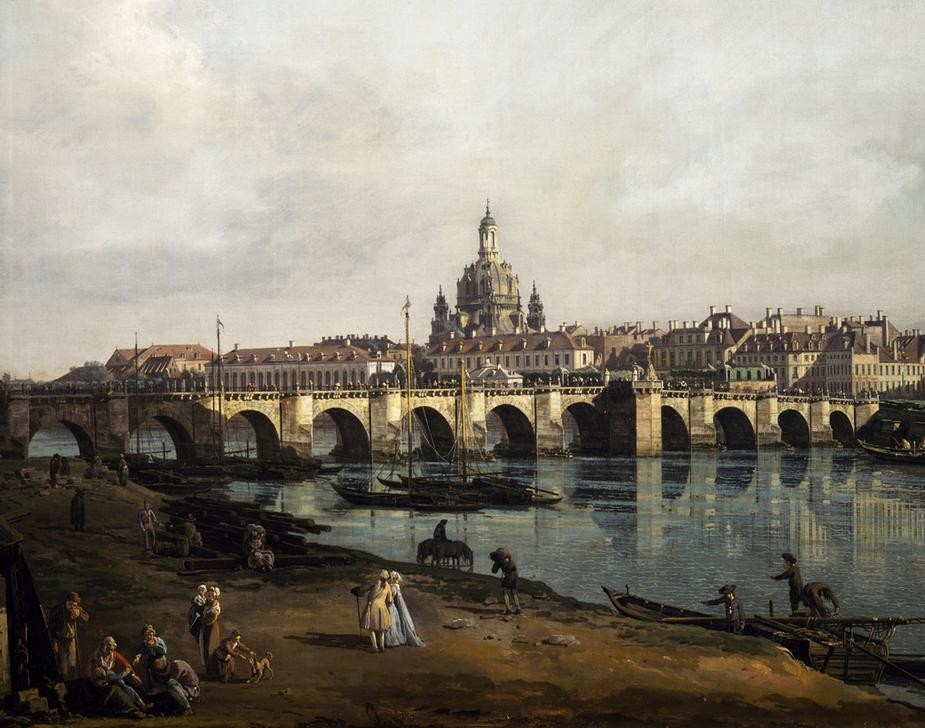 Bernardo Bellotto, View of Dresden from the right bank of the Elbe upstream from the bridge of Augustus (Architektur,  Kathedrale, Fluss, Elbe, Alltagsszene, Brücke, historisch, Rokoko, Malerei, Wohnzimmer, Wunschgröße, Klassiker, bunt)