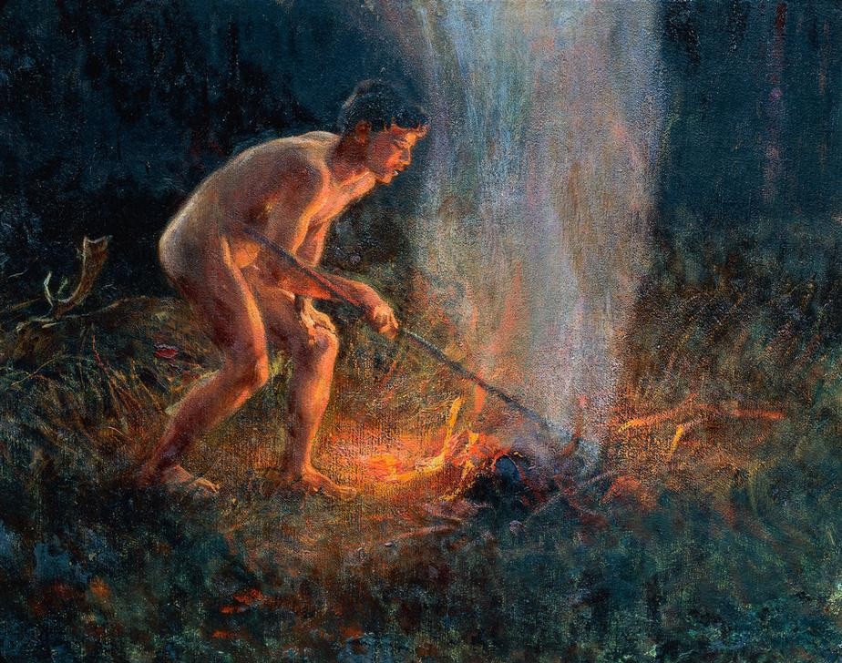 Plinio Nomellini, Column of smoke (Nacht, Rauch, Freudenfeuer, Flamme, nackter Jüngling, mystisch, Divisionismus, Neo-Impressionismus, Klassiker, Wunschgröße, Wohnzimmer)