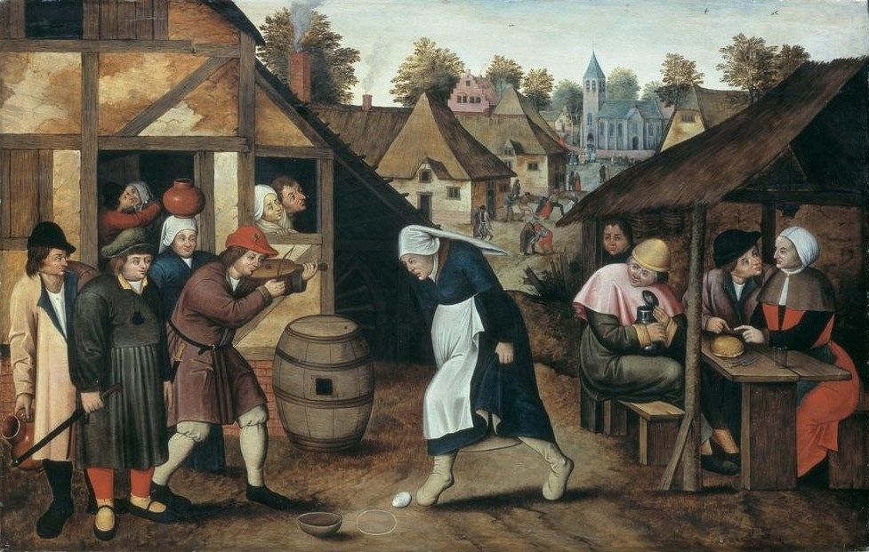 Pieter Brueghel der Jüngere, Der Eiertanz (Flämische Kunst,Frau,Geiger,Kunst,Musik,Szene,Tanz,Volksfest,Volkskunde,Geige,Fass,Ei,Volkstanz,Genre,Niederländische Kunst,Im Freien (Allgemein),Eiertanz,Landleben,Landbevölkerung,Musikant,Dorfleben,Kirmes)