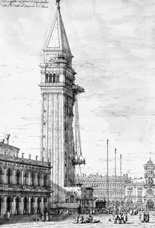 Giovanni Antonio Canaletto, St Mark's Campanile (bell tower) (Städte, Venedig, Architektur,  Campanile, Glockenturm, Prokuratien, Markusplatz, Bauarbeiten, Grafik, Klassiker, Wunschgröße, Barock, Wohnzimmer)