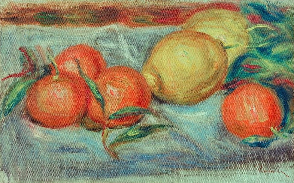 Pierre-Auguste Renoir, Stilleben mit Zitrusfrüchten (Kunst,Maler (Künstler),Obst,Impressionismus,Nahrungsmittel,Stillleben,Französische Kunst,Zitrone,Zitrusfrucht,Apfelsine)