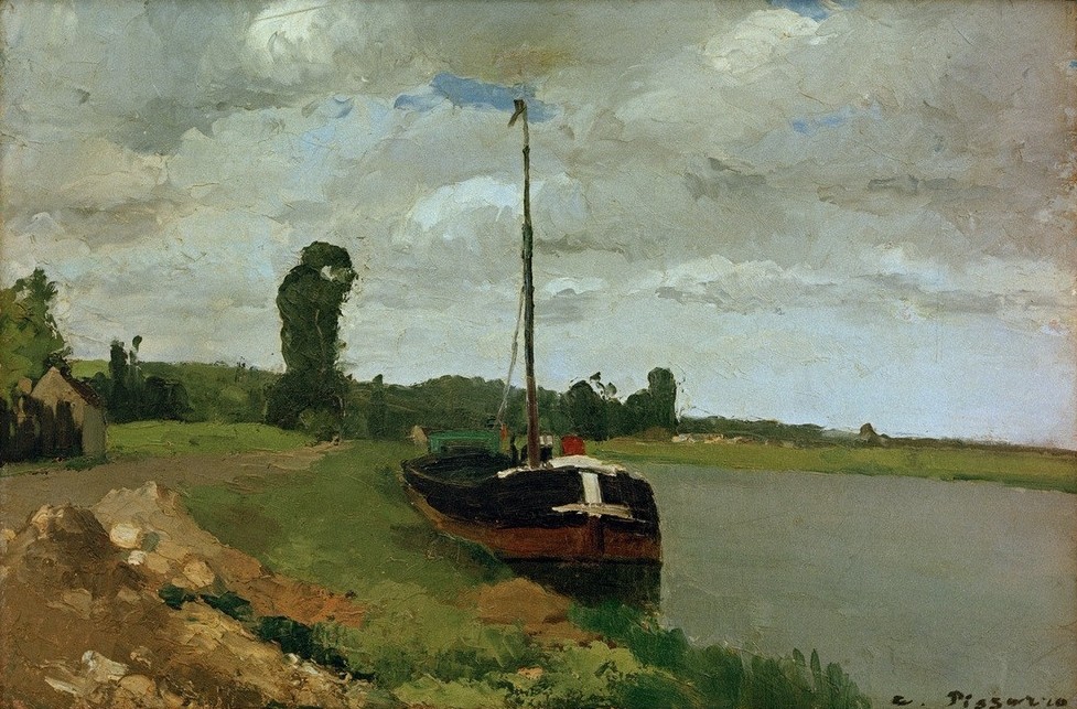 Camille Pissarro, Lastkahn auf der Oise, Pontoise (Kahn,Kunst,Landschaft,Schiff,Impressionismus,Fluss,Französische Kunst,Ufer,Vor Anker)