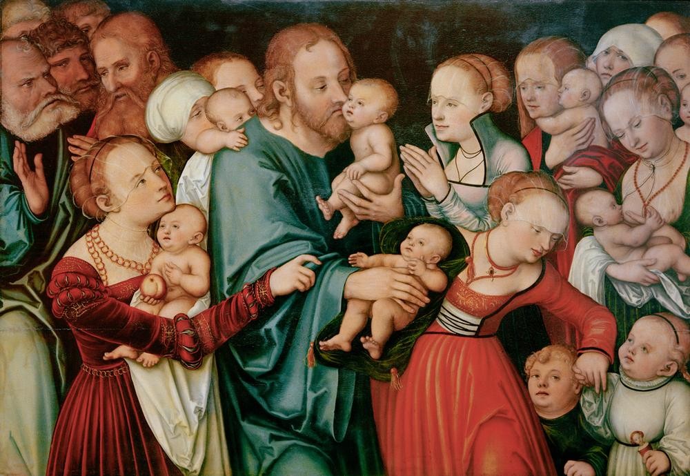 Lucas Cranach der Ältere, Christus und die Kinder (Baby,Christentum,Deutsche Kunst,Kind,Kunst,Mutter Und Kind,Religion,Stillen,Renaissance,Segen,Kuss,Neues Testament,Bibel,Apostel,Lasset Die Kindlein Zu Mir Kommen,Kinderliebe,Leben Jesu,Gedränge,Protestantismus,Folgen Der Reformation)