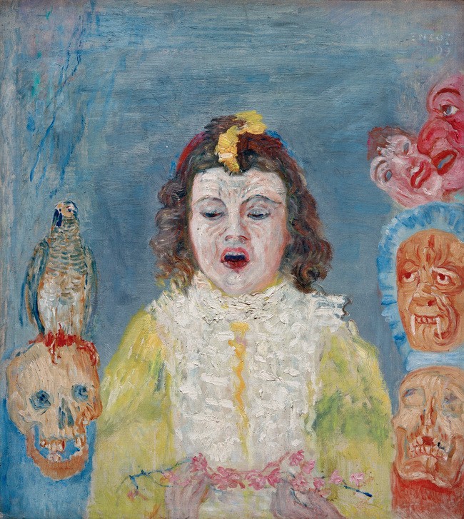 James Ensor, Kommunion (Christentum,Katholische Kirche,Kind,Kirche,Kunst,Mädchen,Papagei,Religion,Tod,Vogel,Symbolismus,Dämon,Portrait,Halluzination,Phantastische Kunst,Totenkopf,Belgische Kunst,Kommunion,Tier,Offener Mund,Halbfigur,Kommunikantin,Negative Stimmungen Und Gefühle,)