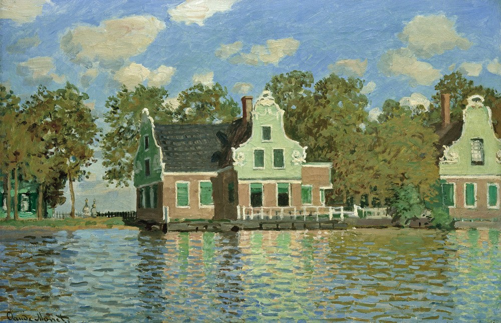 Claude Monet, Häuser am Wasser in Zaandam (Gewässer,Haus,Kunst,Wohnhaus (Allgemein),Impressionismus,Vedute,Architekturdarstellung,Französische Kunst,Ansicht)