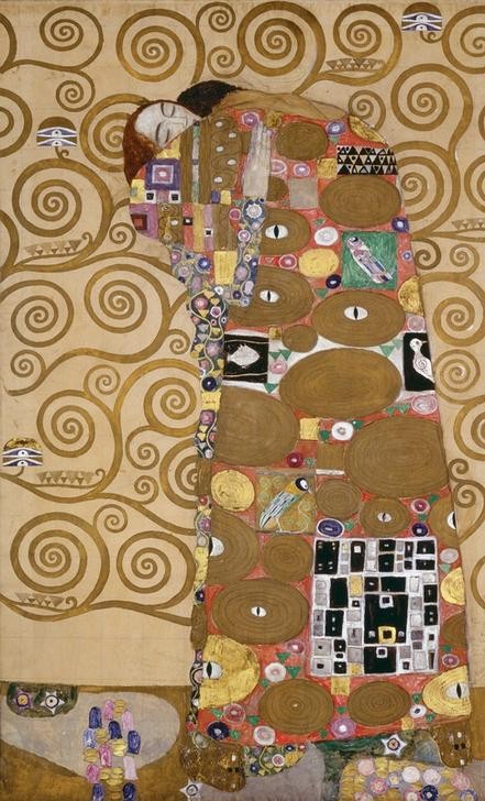 Gustav Klimt, Die Erfüllung  (Wunschgröße, Klassische Moderne, dekorativ, Jugendstil, Eros&People, Frau, Mann, Umarmung,  Baum des Lebens, Ornamente, geometrische Formen,  Wohnzimmer, Treppenhaus, Schlafzimmer, Malerei)